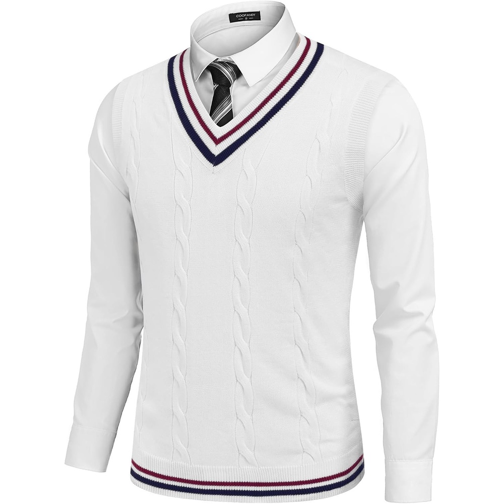 image:imageCOOFANDY Mens Sweater Vest V Neck Casual Sleeveless Knit Pullover Sweater Classic Cable Knitted Striped VNeck Lightweight Stylish Basic Regular Fit Casual Uniform Dress School Winter ChristmasWhite Navy Blue Red Stripe