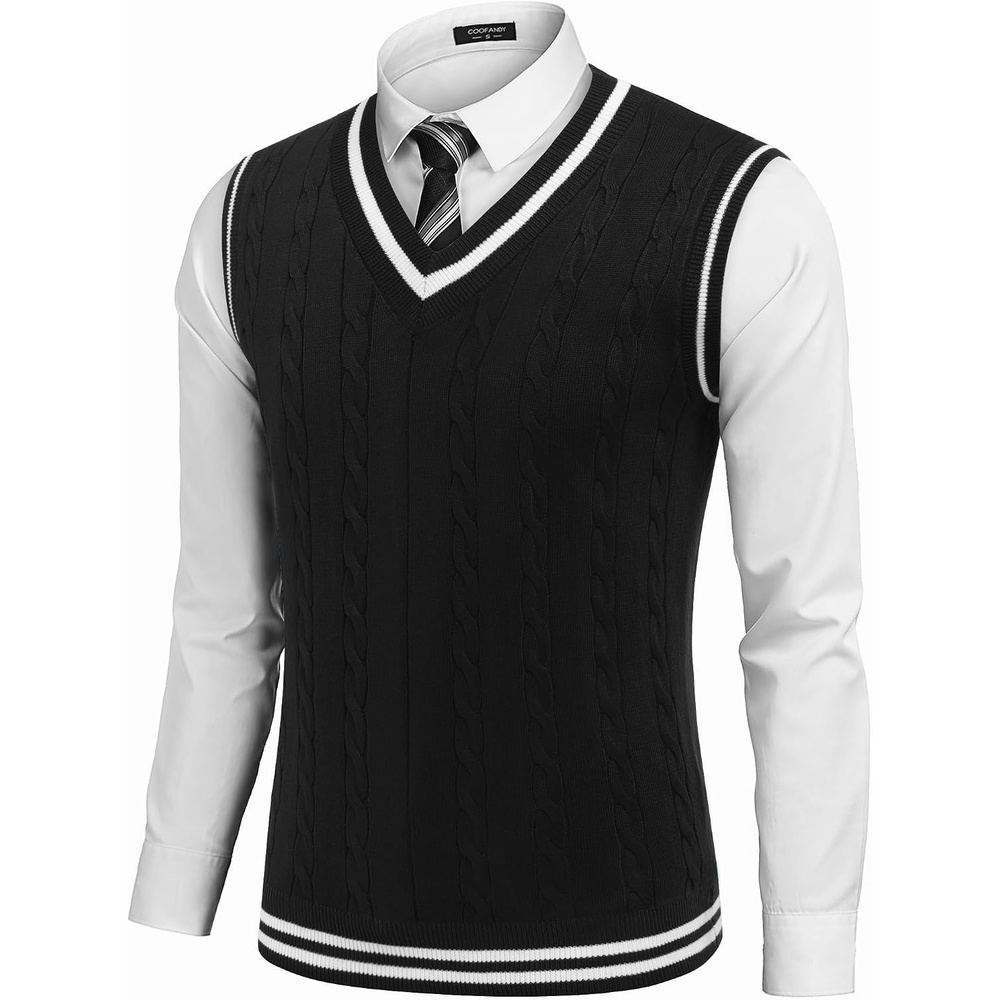 image:imageCOOFANDY Mens Sweater Vest V Neck Casual Sleeveless Knit Pullover Sweater Classic Cable Knitted Striped VNeck Lightweight Stylish Basic Regular Fit Casual Uniform Dress School Winter ChristmasBlack White Stripe