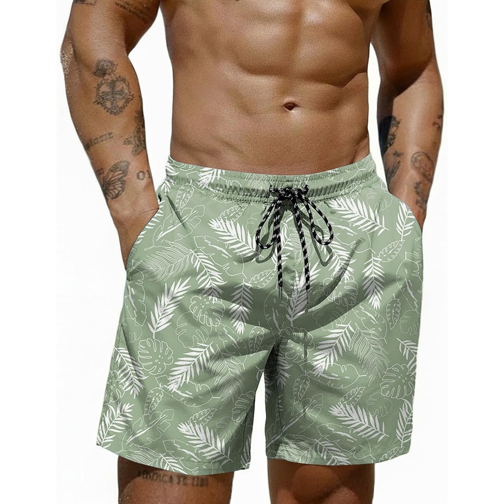 image:imageCOOFANDY Mens Swim Trunks 7 inch Bathing Suit with Mesh Liner Swim Shorts Quick Dry Fabric Lightweight Stretch Material Breathable Mesh Brief Liner Swimming Summer Beach Vacation Mens SwimwearLight Green and White Leaves