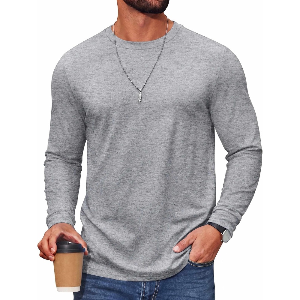 image:imageCOOFANDY Mens T Shirts Long Sleeve Cotton Blend TShirts Crew Neck Soft Casual Basic Tee ShirtsLight Grey
