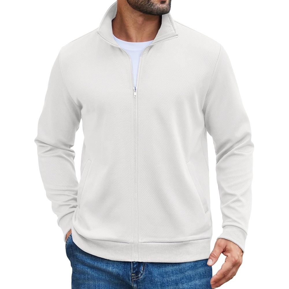 image:imageCOOFANDY Mens Zip Up Sweatshirt Casual Lightweight Jackets Full Zip Sweater Soft Knit Textured Fabric Stand Collar 2 Side Pockets Long Sleeve Fashion Stylish Ribbed Cuffs And Hem For Fall WinterWhite