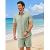 COOFANDY 2 Piece Set for Men Cruise Outfits Set Mens Summer Vacation Outfit Short Sleeve Button Down Shirts(Light Green)