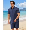COOFANDY 2 Piece Set for Men Cruise Outfits Set Mens Summer Vacation Outfit Short Sleeve Button Down Shirts(Navy Blue)