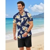 COOFANDY 2 Piece Set for Men Cruise Outfits Set Mens Summer Vacation Outfit Short Sleeve Button Down Shirts(Navy-apricot Bloom)