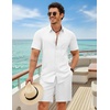 COOFANDY 2 Piece Set for Men Cruise Outfits Set Mens Summer Vacation Outfit Short Sleeve Button Down Shirts(White)