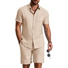 COOFANDY 2 Piece Set for Men Cruise Outfits Set Mens Summer Vacation Outfit Short Sleeve Button Down Shirts(Beige)