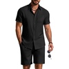 COOFANDY 2 Piece Set for Men Cruise Outfits Set Mens Summer Vacation Outfit Short Sleeve Button Down Shirts(Black)