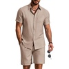COOFANDY 2 Piece Set for Men Cruise Outfits Set Mens Summer Vacation Outfit Short Sleeve Button Down Shirts(Khaki)