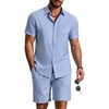 COOFANDY 2 Piece Set for Men Cruise Outfits Set Mens Summer Vacation Outfit Short Sleeve Button Down Shirts(Light Blue)