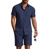 COOFANDY 2 Piece Set for Men Cruise Outfits Set Mens Summer Vacation Outfit Short Sleeve Button Down Shirts(Navy Blue)