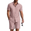 COOFANDY 2 Piece Set for Men Cruise Outfits Set Mens Summer Vacation Outfit Short Sleeve Button Down Shirts(Pink)