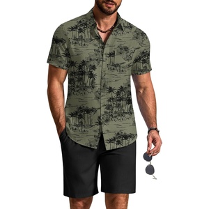 COOFANDY 2 Piece Set for Men Cruise Outfits Set Mens Summer Vacation Outfit Short Sleeve Button Down Shirts(Dark Green Print)