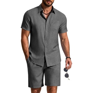 COOFANDY 2 Piece Set for Men Cruise Outfits Set Mens Summer Vacation Outfit Short Sleeve Button Down Shirts(Dark Grey)