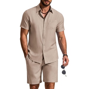 COOFANDY 2 Piece Set for Men Cruise Outfits Set Mens Summer Vacation Outfit Short Sleeve Button Down Shirts(Khaki)