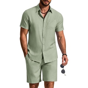 COOFANDY 2 Piece Set for Men Cruise Outfits Set Mens Summer Vacation Outfit Short Sleeve Button Down Shirts(Light Green)