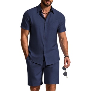 COOFANDY 2 Piece Set for Men Cruise Outfits Set Mens Summer Vacation Outfit Short Sleeve Button Down Shirts(Navy Blue)