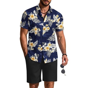 COOFANDY 2 Piece Set for Men Cruise Outfits Set Mens Summer Vacation Outfit Short Sleeve Button Down Shirts(Navy-apricot Bloom)