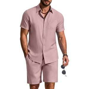 COOFANDY 2 Piece Set for Men Cruise Outfits Set Mens Summer Vacation Outfit Short Sleeve Button Down Shirts(Pink)