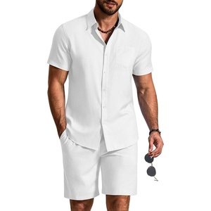 COOFANDY 2 Piece Set for Men Cruise Outfits Set Mens Summer Vacation Outfit Short Sleeve Button Down Shirts(White)