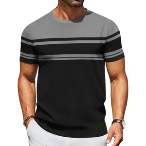 COOFANDY Men’s Casual T-Shirts Short Sleeve Crewneck Pullover Knit Tee | Classic Basic Top, Knit Tees, Round Neck Slim Fit Pullover Tshirt(Stripe – Black & Grey)