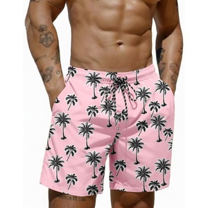 COOFANDY Mens Swim Trunks 7 inch Bathing Suit with Mesh Liner Swim Shorts | Quick Dry Fabric, Lightweight Stretch Material, Breathable Mesh Brief Liner, Swimming, Summer Beach Vacation, Mens Swimwear(Pink Coconut Tree)