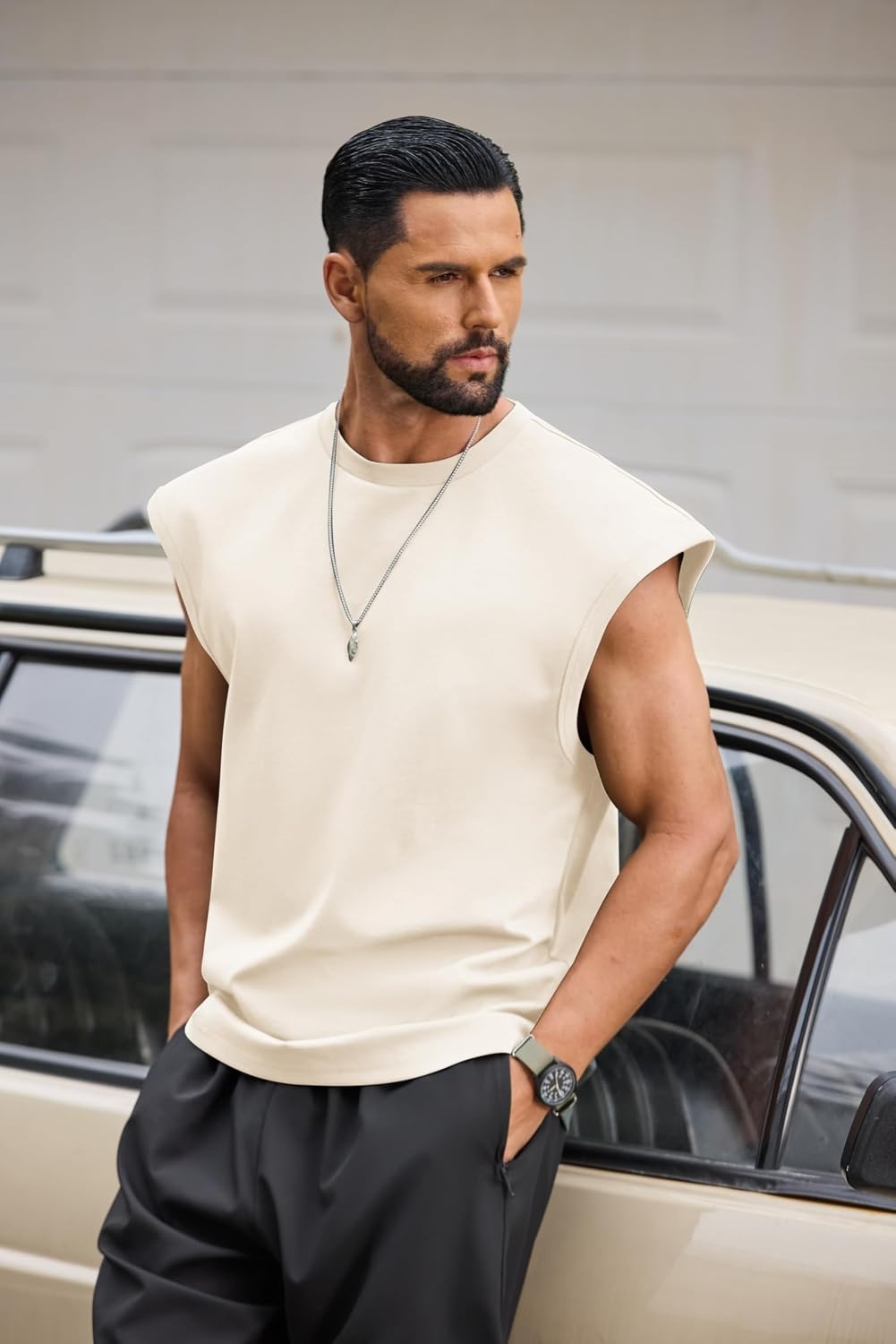 image:imageCOOFANDY Men Workout Tank Tops Cotton Sleeveless T Shirts Gym Muscle Tee Oversized Cut Off Shirt Soft Comfortable Fabric Basketball Sleeveless Tee Loose Fit for Summer Sport Stylish StreetwearBeige