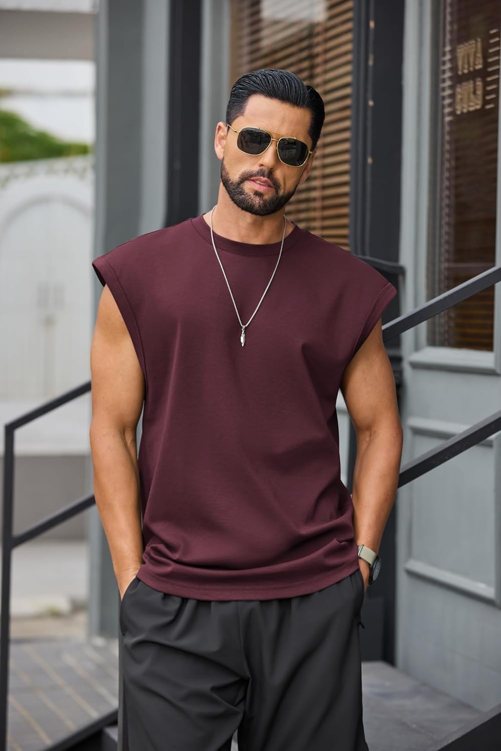 image:imageCOOFANDY Men Workout Tank Tops Cotton Sleeveless T Shirts Gym Muscle Tee Oversized Cut Off Shirt Soft Comfortable Fabric Basketball Sleeveless Tee Loose Fit for Summer Sport Stylish StreetwearDark Red