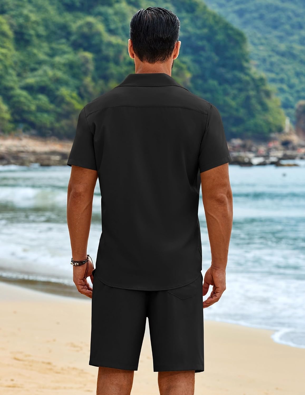 image:imageCOOFANDY Mens 2 Piece Outfits Cuban Guayabera Shirts and Shorts Summer Set 2 Piece SetSummer Beach Vacation OutfitLightweightCutout Vertical PleatsWhite Party OutfitsBlack