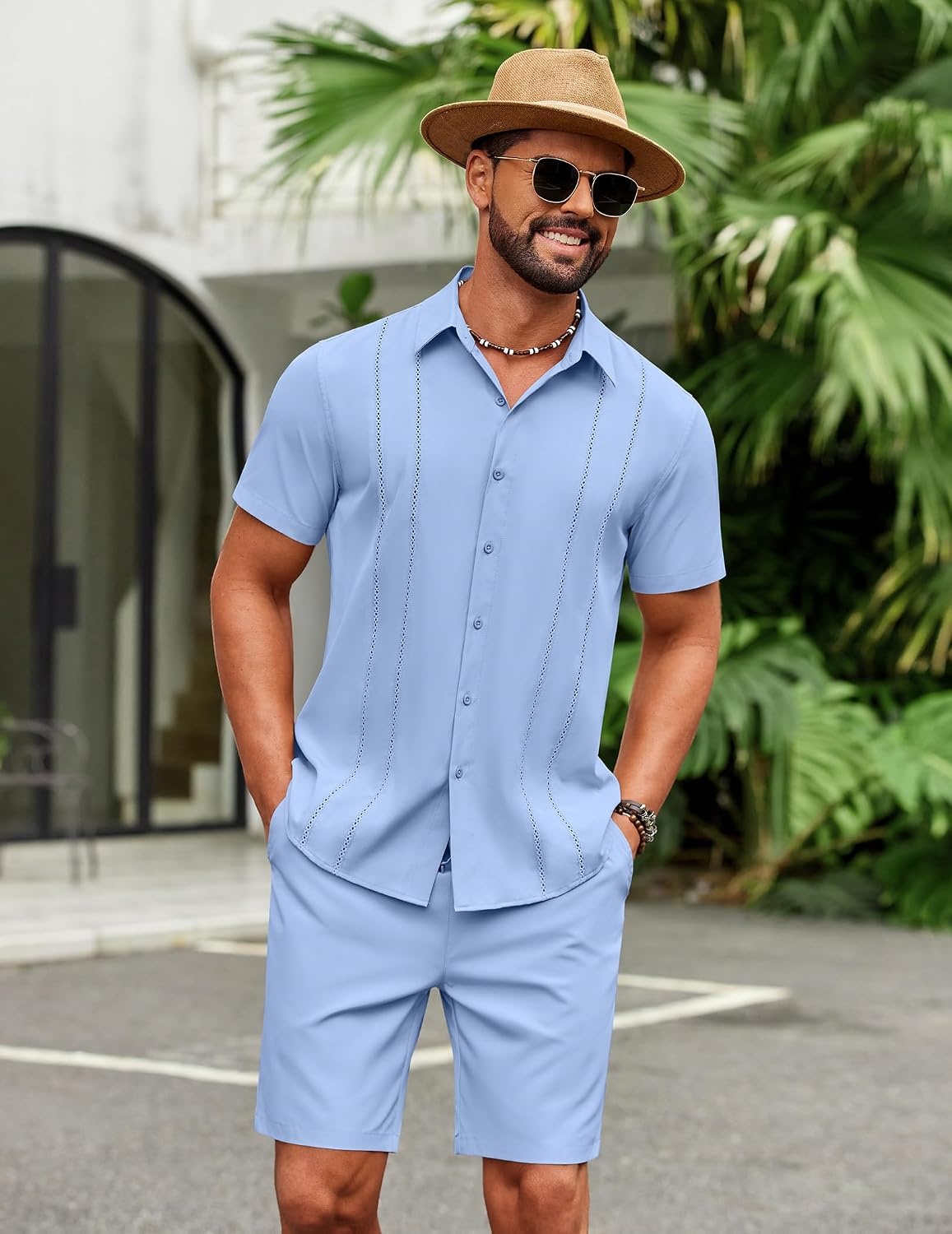 image:imageCOOFANDY Mens 2 Piece Outfits Cuban Guayabera Shirts and Shorts Summer Set 2 Piece SetSummer Beach Vacation OutfitLightweightCutout Vertical PleatsWhite Party OutfitsLight Blue