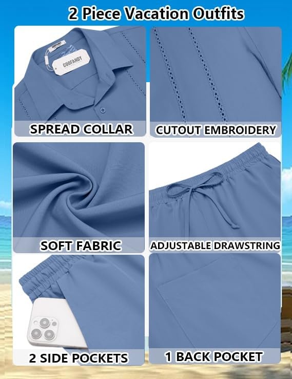 image:imageCOOFANDY Mens 2 Piece Outfits Cuban Guayabera Shirts and Shorts Summer Set 2 Piece SetSummer Beach Vacation OutfitLightweightCutout Vertical PleatsWhite Party OutfitsDenim Blue