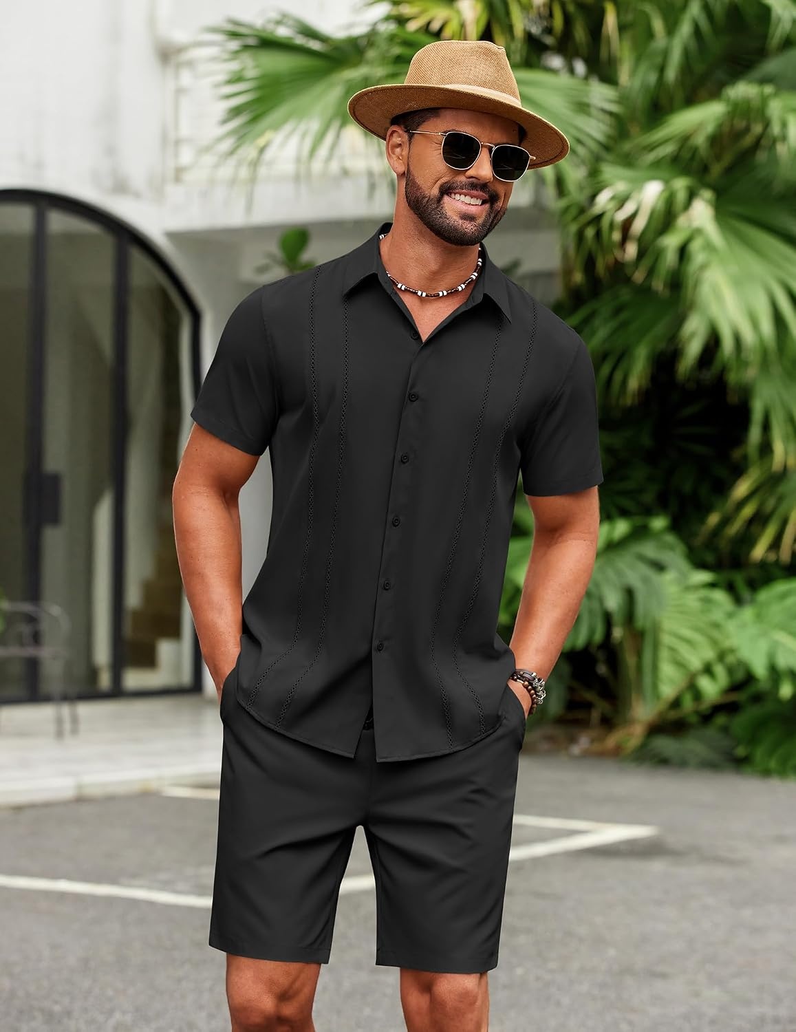 image:imageCOOFANDY Mens 2 Piece Outfits Cuban Guayabera Shirts and Shorts Summer Set 2 Piece SetSummer Beach Vacation OutfitLightweightCutout Vertical PleatsWhite Party OutfitsBlack