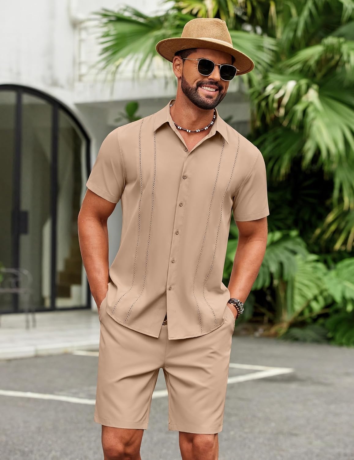 image:imageCOOFANDY Mens 2 Piece Outfits Cuban Guayabera Shirts and Shorts Summer Set 2 Piece SetSummer Beach Vacation OutfitLightweightCutout Vertical PleatsWhite Party OutfitsKhaki