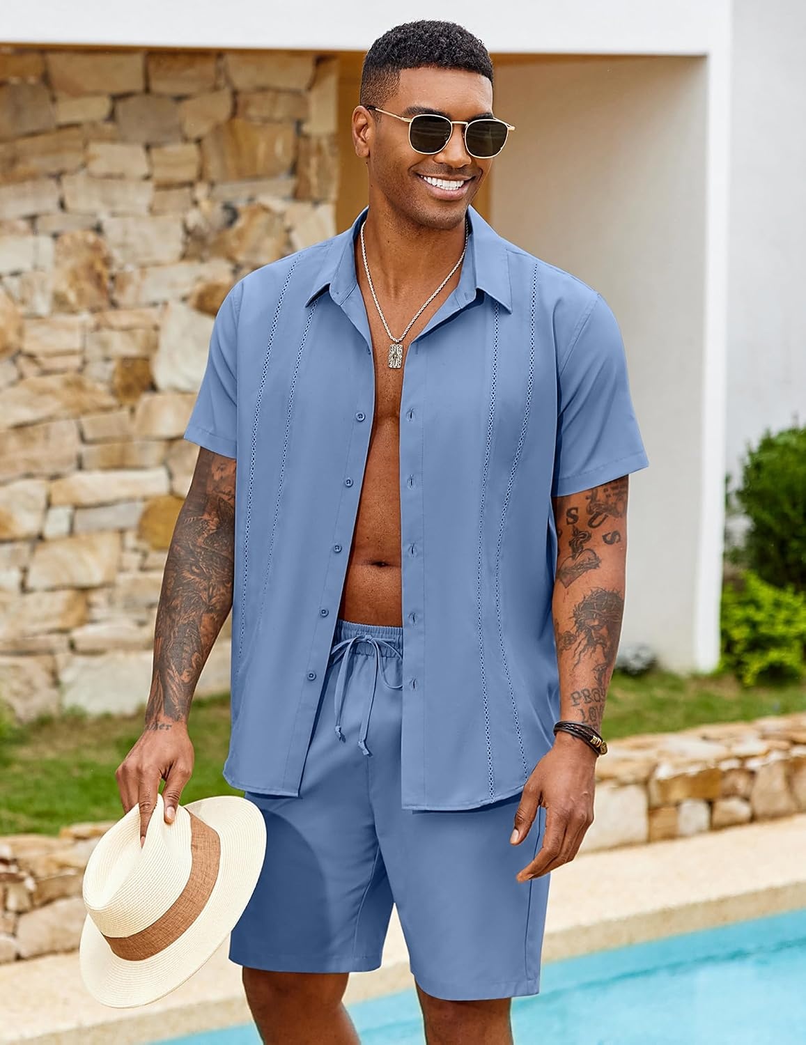 image:imageCOOFANDY Mens 2 Piece Outfits Cuban Guayabera Shirts and Shorts Summer Set 2 Piece SetSummer Beach Vacation OutfitLightweightCutout Vertical PleatsWhite Party OutfitsDenim Blue