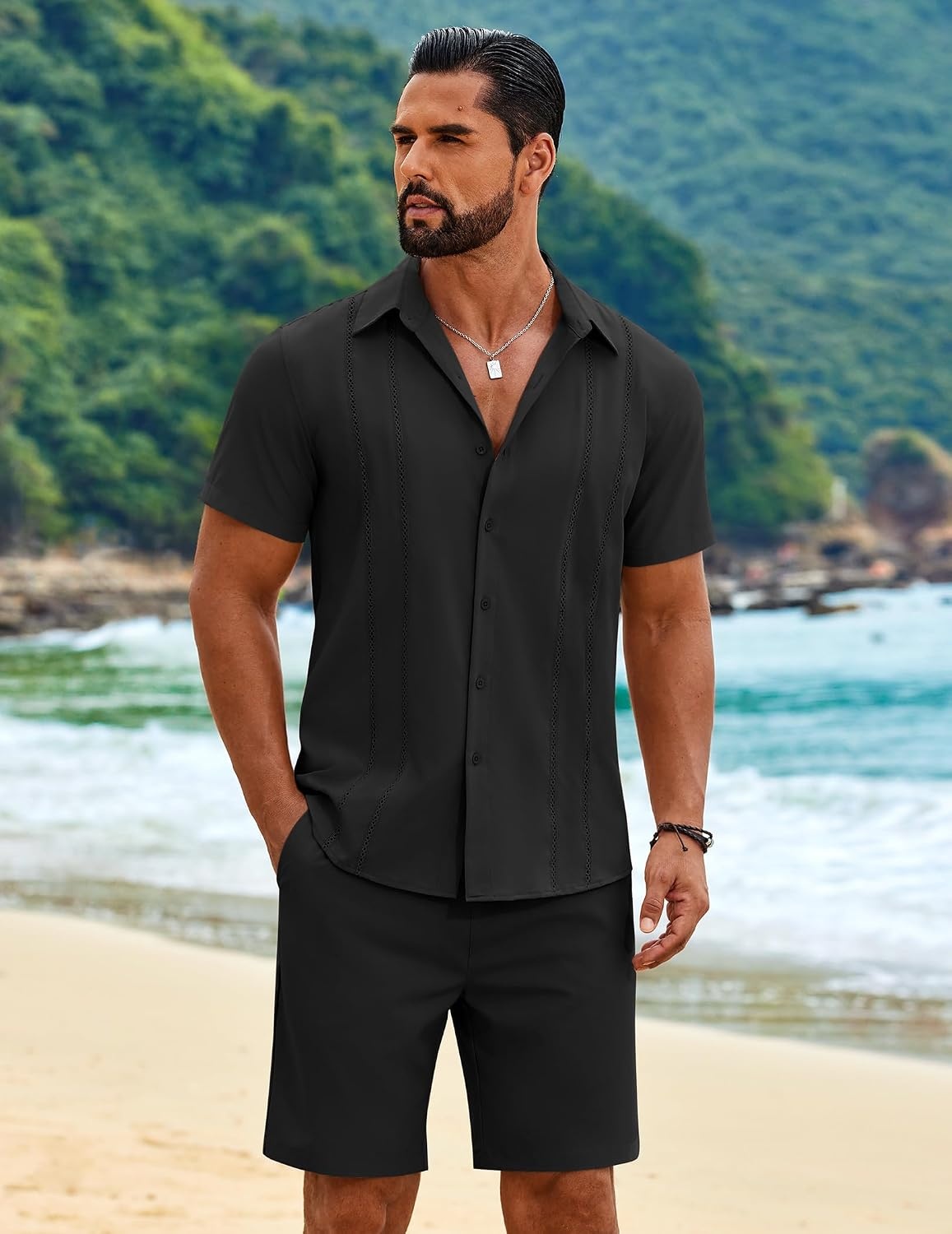 image:imageCOOFANDY Mens 2 Piece Outfits Cuban Guayabera Shirts and Shorts Summer Set 2 Piece SetSummer Beach Vacation OutfitLightweightCutout Vertical PleatsWhite Party OutfitsBlack