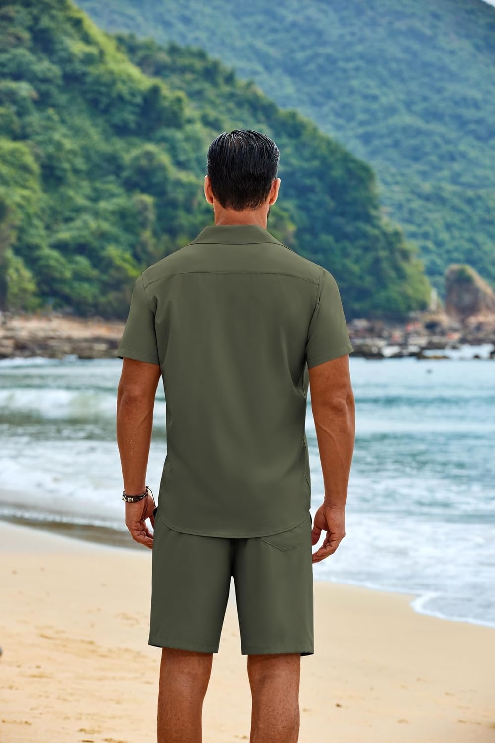 image:imageCOOFANDY Mens 2 Piece Outfits Cuban Guayabera Shirts and Shorts Summer Set 2 Piece SetSummer Beach Vacation OutfitLightweightCutout Vertical PleatsWhite Party OutfitsArmy Green