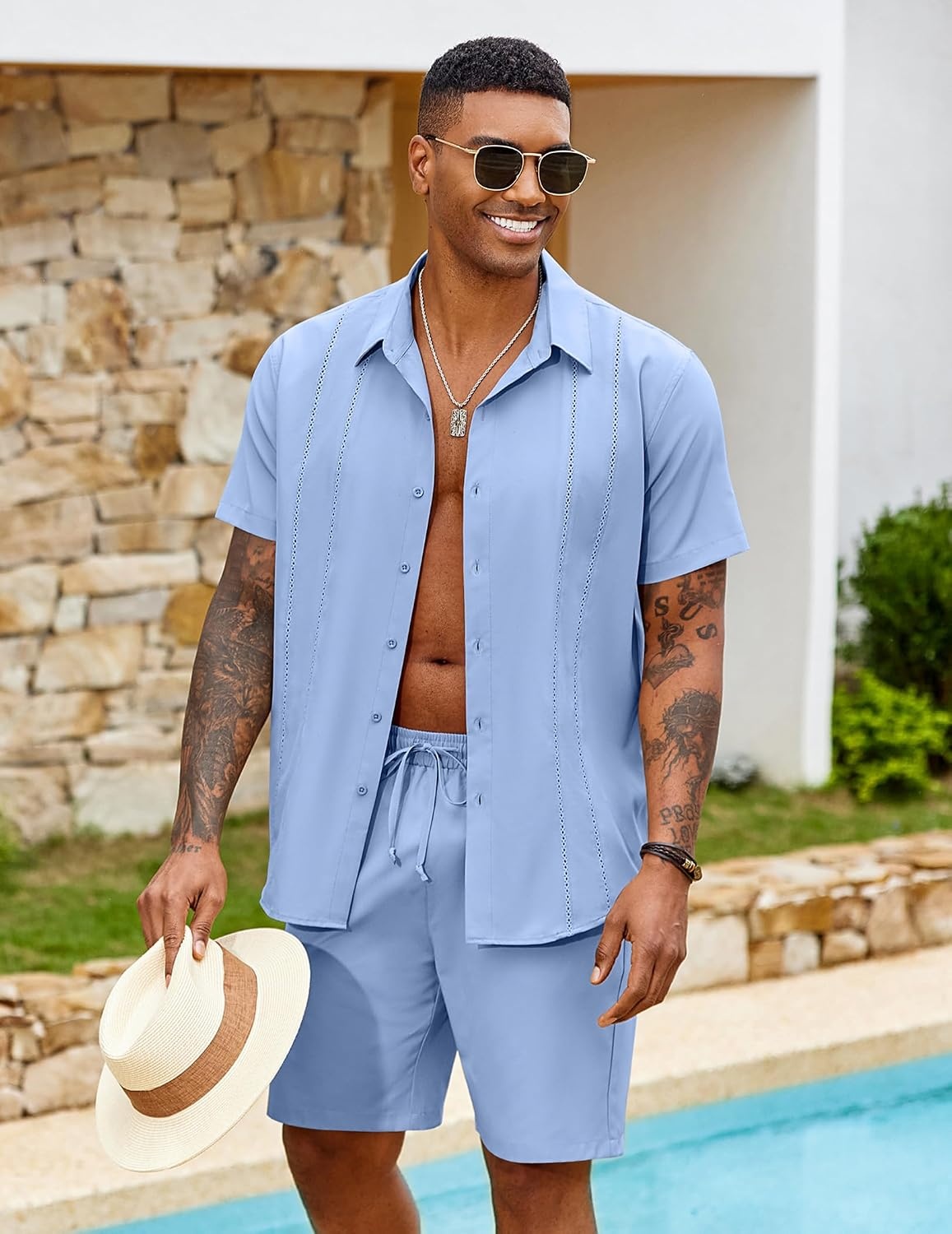 image:imageCOOFANDY Mens 2 Piece Outfits Cuban Guayabera Shirts and Shorts Summer Set 2 Piece SetSummer Beach Vacation OutfitLightweightCutout Vertical PleatsWhite Party OutfitsLight Blue