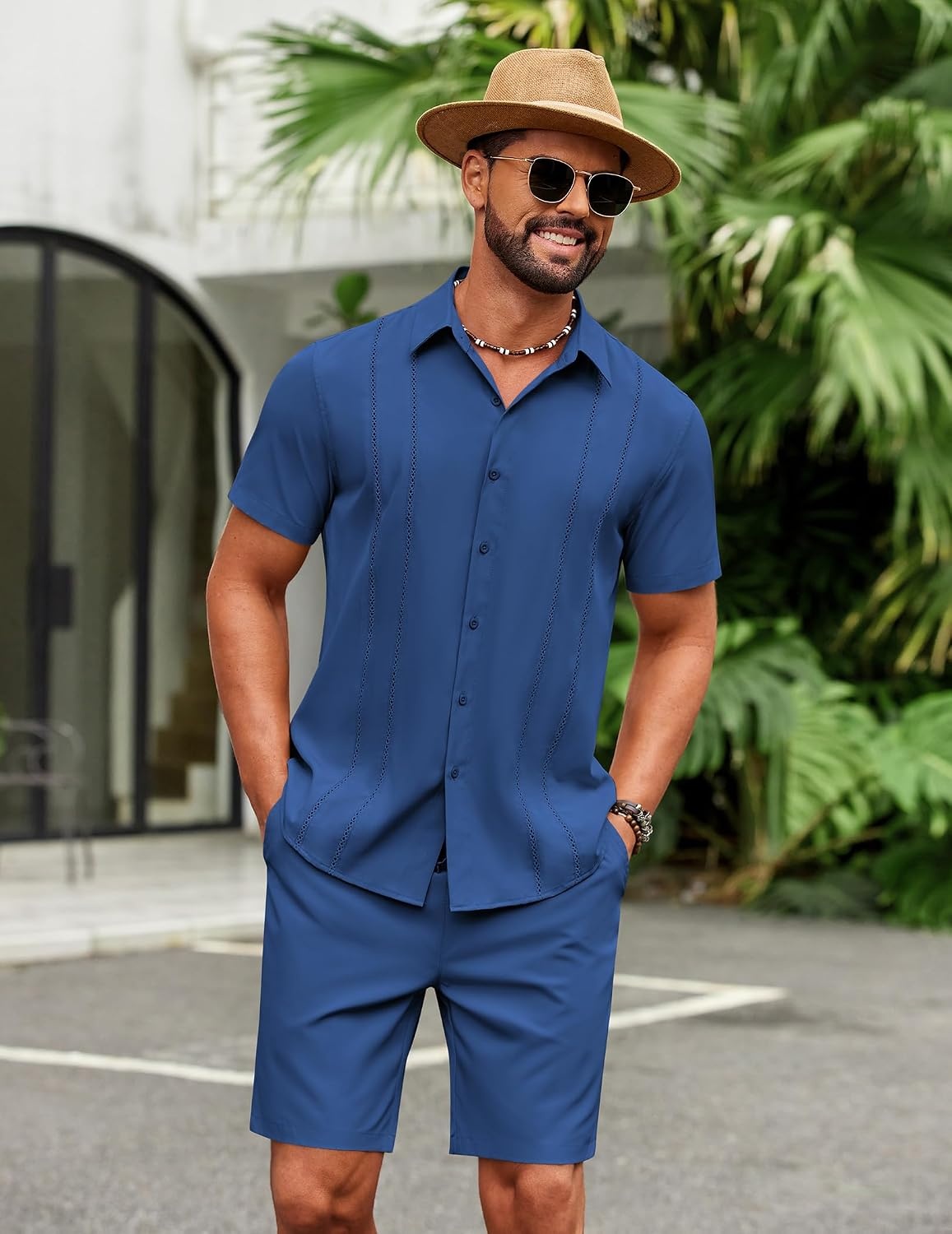 image:imageCOOFANDY Mens 2 Piece Outfits Cuban Guayabera Shirts and Shorts Summer Set 2 Piece SetSummer Beach Vacation OutfitLightweightCutout Vertical PleatsWhite Party OutfitsRoyal Blue