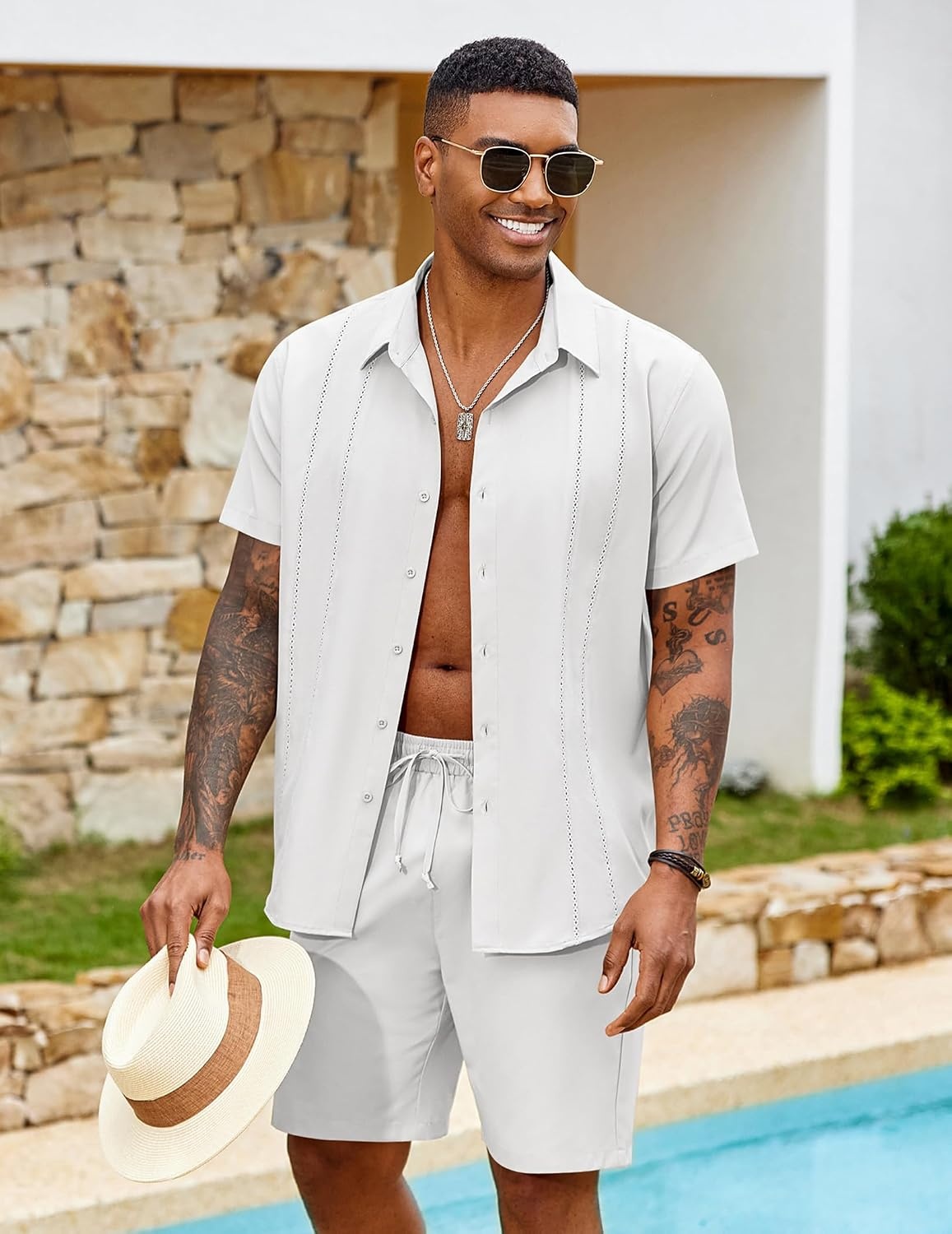 image:imageCOOFANDY Mens 2 Piece Outfits Cuban Guayabera Shirts and Shorts Summer Set 2 Piece SetSummer Beach Vacation OutfitLightweightCutout Vertical PleatsWhite Party OutfitsWhite
