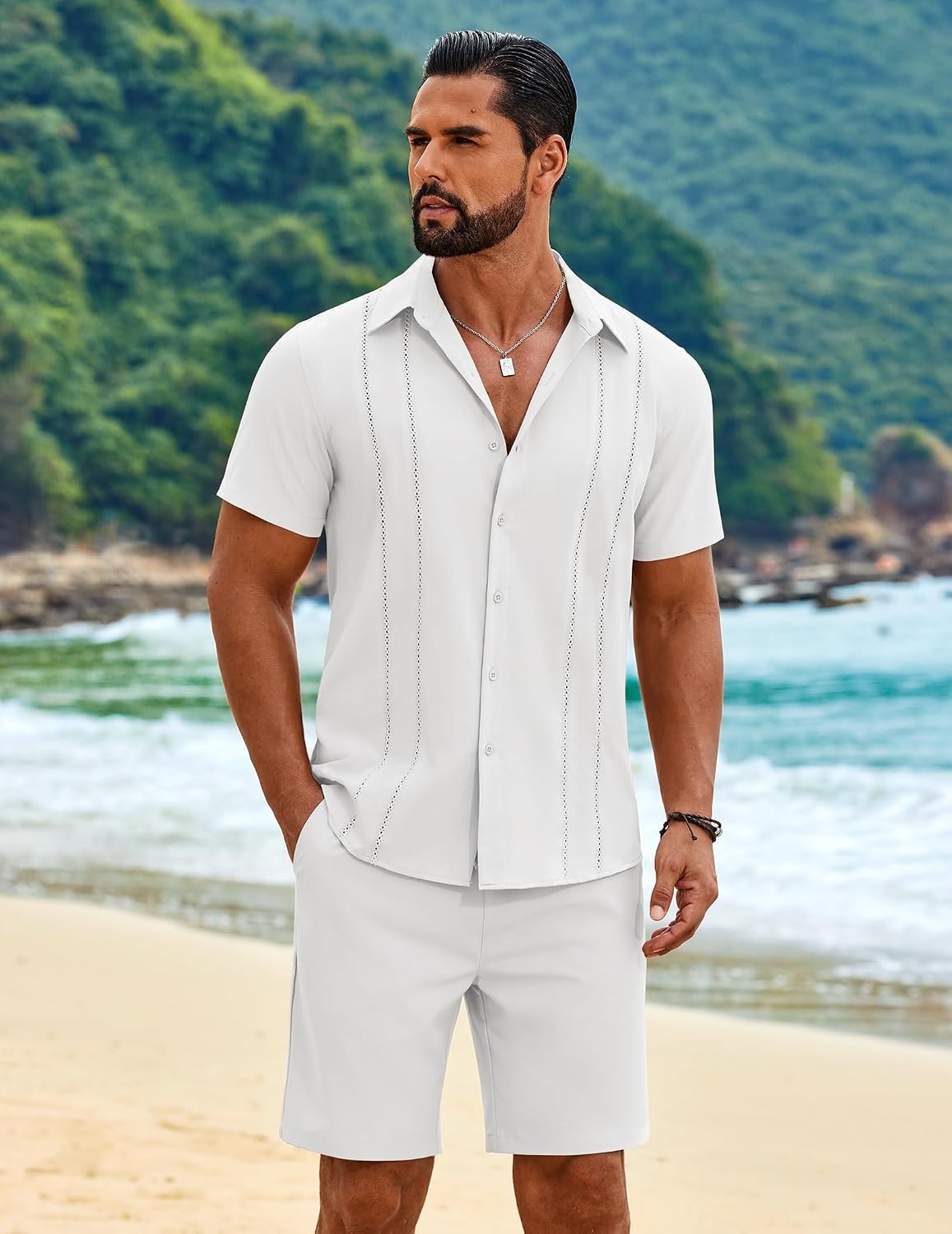 image:imageCOOFANDY Mens 2 Piece Outfits Cuban Guayabera Shirts and Shorts Summer Set 2 Piece SetSummer Beach Vacation OutfitLightweightCutout Vertical PleatsWhite Party OutfitsWhite