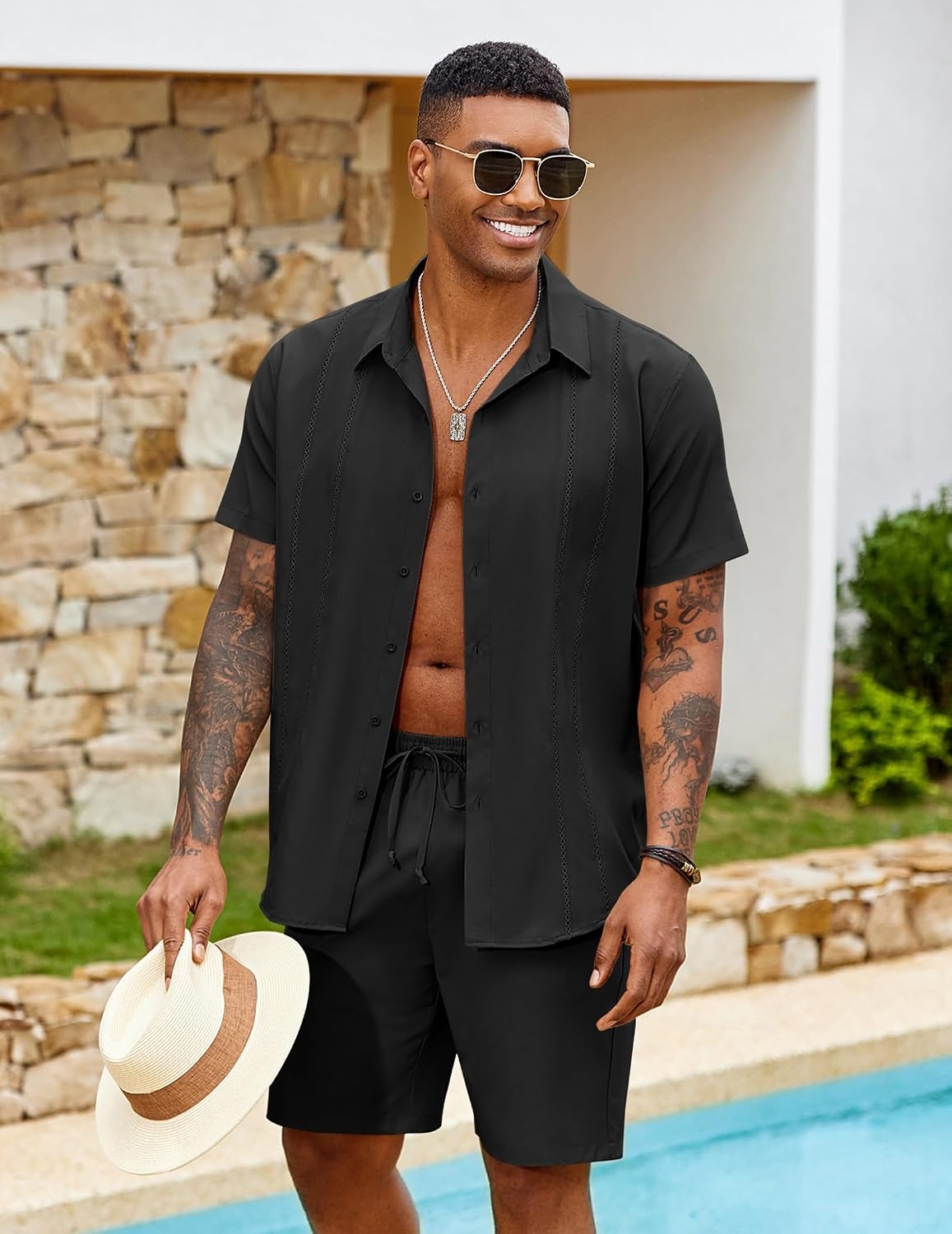 image:imageCOOFANDY Mens 2 Piece Outfits Cuban Guayabera Shirts and Shorts Summer Set 2 Piece SetSummer Beach Vacation OutfitLightweightCutout Vertical PleatsWhite Party OutfitsBlack