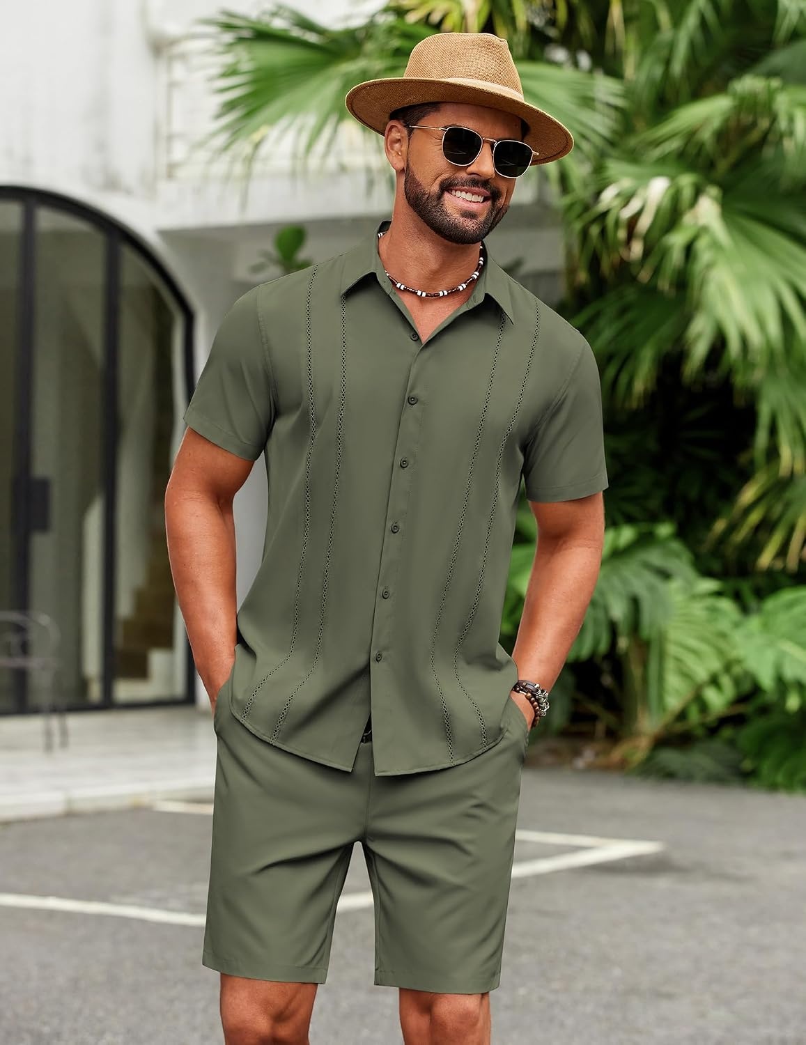 image:imageCOOFANDY Mens 2 Piece Outfits Cuban Guayabera Shirts and Shorts Summer Set 2 Piece SetSummer Beach Vacation OutfitLightweightCutout Vertical PleatsWhite Party OutfitsArmy Green