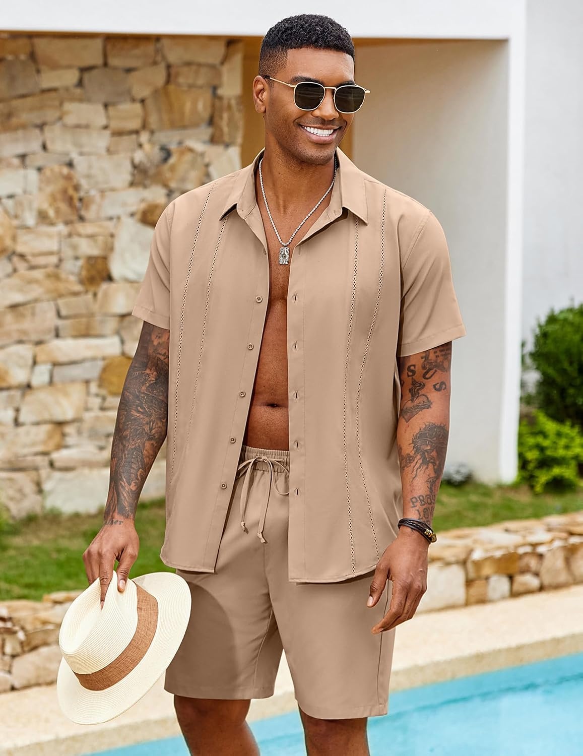image:imageCOOFANDY Mens 2 Piece Outfits Cuban Guayabera Shirts and Shorts Summer Set 2 Piece SetSummer Beach Vacation OutfitLightweightCutout Vertical PleatsWhite Party OutfitsKhaki