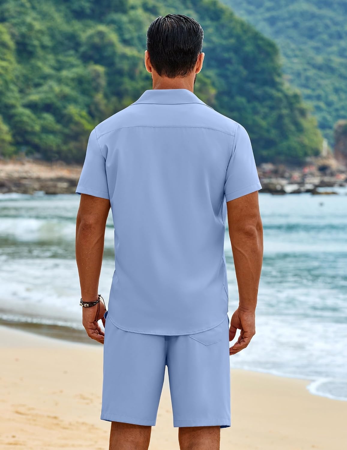 image:imageCOOFANDY Mens 2 Piece Outfits Cuban Guayabera Shirts and Shorts Summer Set 2 Piece SetSummer Beach Vacation OutfitLightweightCutout Vertical PleatsWhite Party OutfitsLight Blue