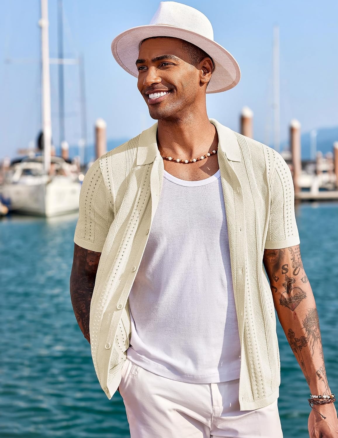 image:imageCOOFANDY Mens Knit Shirts Short Sleeve Button Down Polo Shirt Summer Beach Fashion Knitted Casual Shirt Breathable Hollow Out Lightweight Vacation Season StapleCream