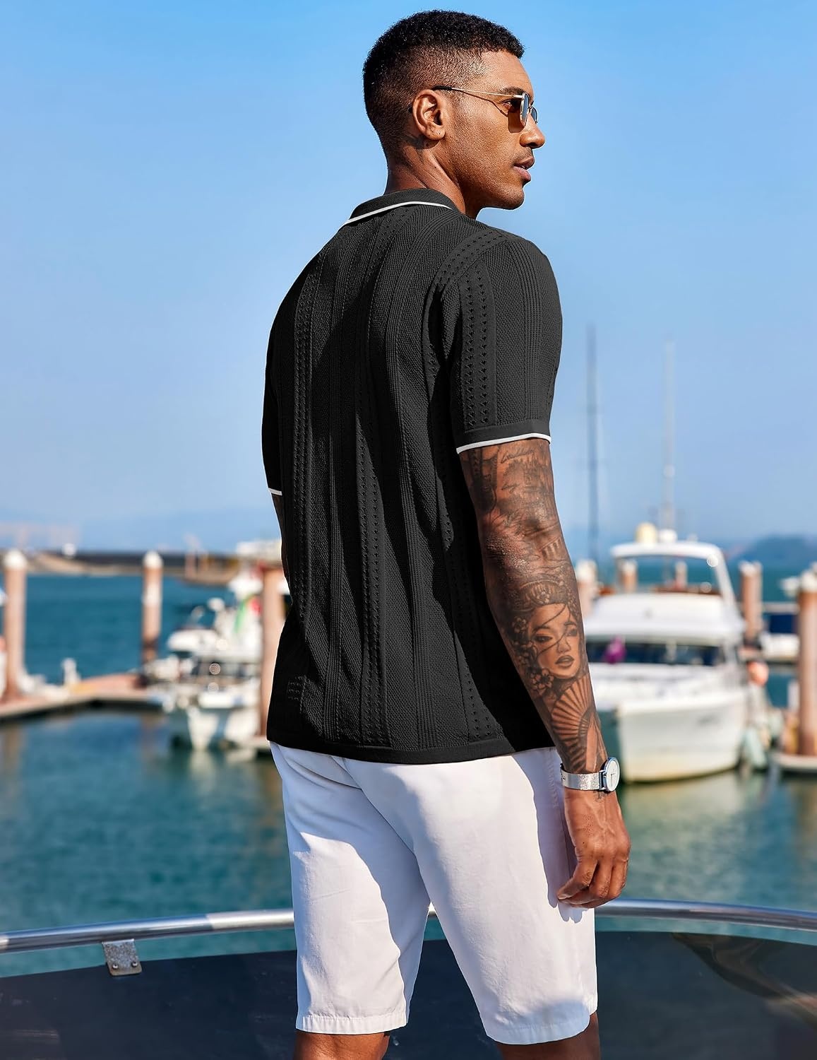 image:imageCOOFANDY Mens Knit Shirts Short Sleeve Button Down Polo Shirt Summer Beach Fashion Knitted Casual Shirt Breathable Hollow Out Lightweight Vacation Season StapleClassic Black White