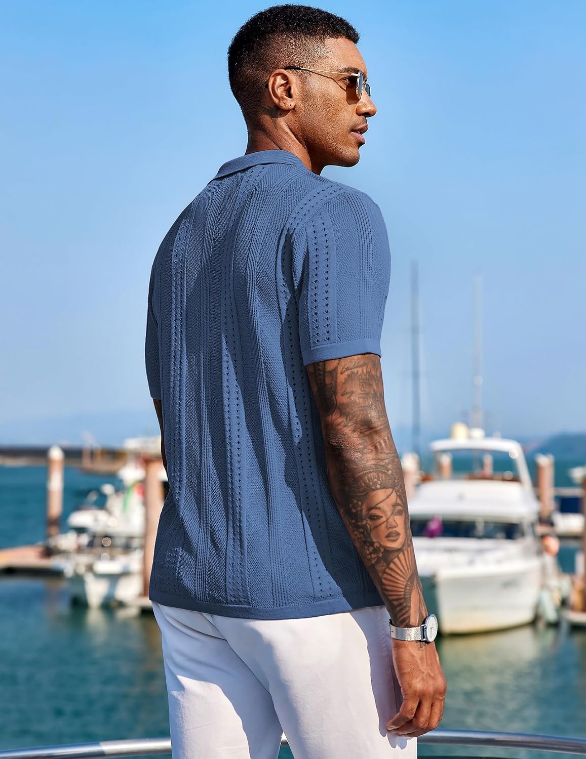 image:imageCOOFANDY Mens Knit Shirts Short Sleeve Button Down Polo Shirt Summer Beach Fashion Knitted Casual Shirt Breathable Hollow Out Lightweight Vacation Season StapleDenim Blue