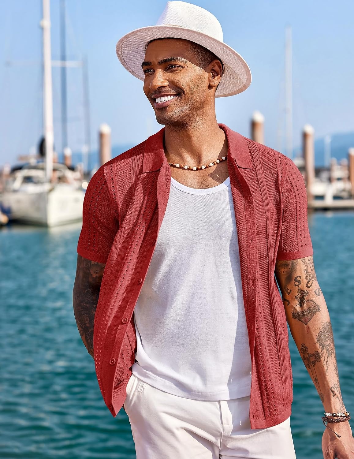 image:imageCOOFANDY Mens Knit Shirts Short Sleeve Button Down Polo Shirt Summer Beach Fashion Knitted Casual Shirt Breathable Hollow Out Lightweight Vacation Season StapleRed