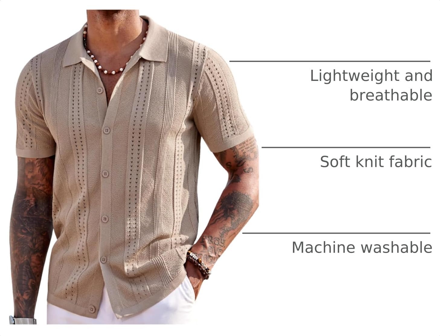 image:imageCOOFANDY Mens Knit Shirts Short Sleeve Button Down Polo Shirt Summer Beach Fashion Knitted Casual Shirt Breathable Hollow Out Lightweight Vacation Season StapleKhaki