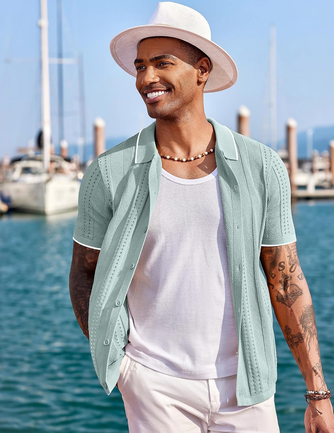 image:imageCOOFANDY Mens Knit Shirts Short Sleeve Button Down Polo Shirt Summer Beach Fashion Knitted Casual Shirt Breathable Hollow Out Lightweight Vacation Season StapleClassic Ice Green White