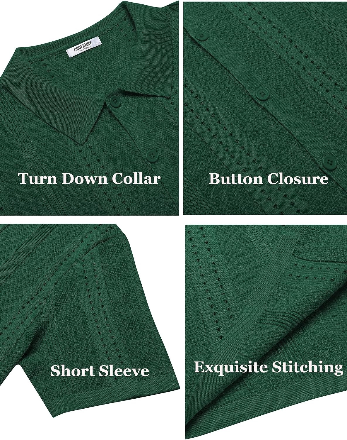image:imageCOOFANDY Mens Knit Shirts Short Sleeve Button Down Polo Shirt Summer Beach Fashion Knitted Casual Shirt Breathable Hollow Out Lightweight Vacation Season StapleGreen